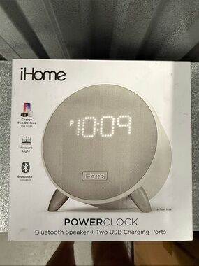 iHome PowerClock Bluetooth Speaker Alarm Clock - White and Silver